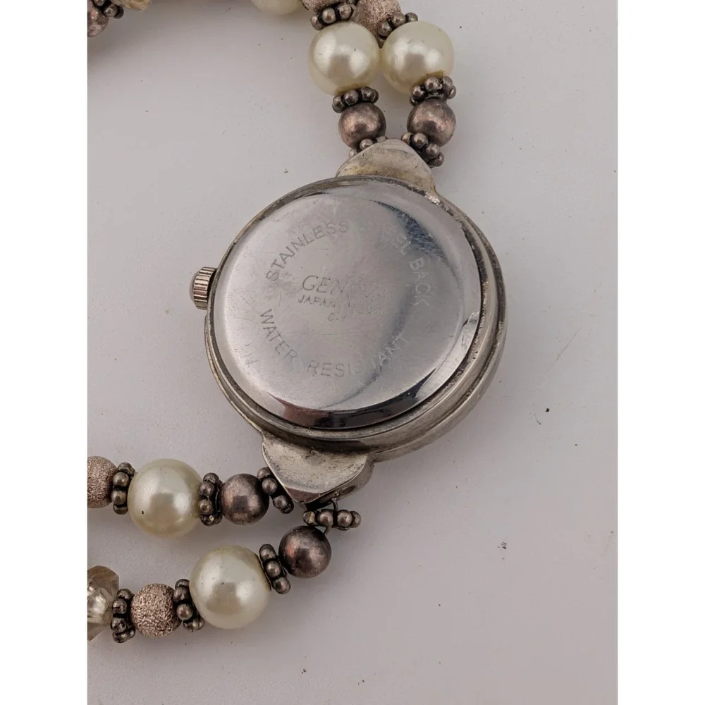 Geneva Silvertone Heart Bracelet Watch with Pearl Beads